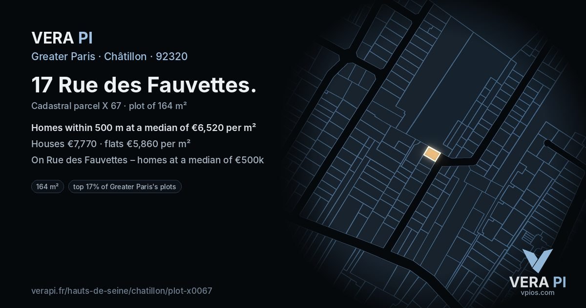 17 Rue des Fauvettes, Châtillon at night – the plot lit, the parcels around coloured by the prices near them