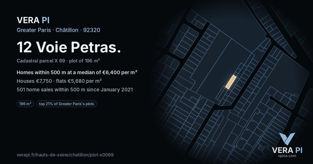 12 Voie Petras, Châtillon at night – the plot lit, the parcels around coloured by the prices near them