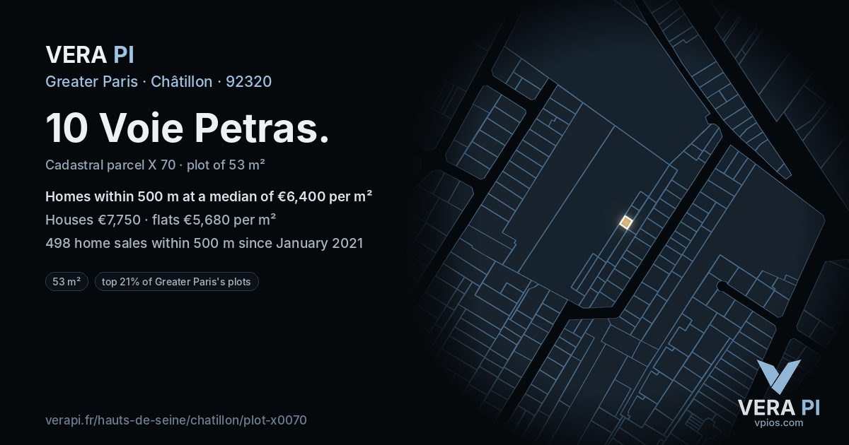 10 Voie Petras, Châtillon at night – the plot lit, the parcels around coloured by the prices near them