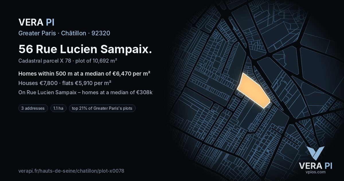 56 Rue Lucien Sampaix, Châtillon at night – the plot lit, the parcels around coloured by the prices near them