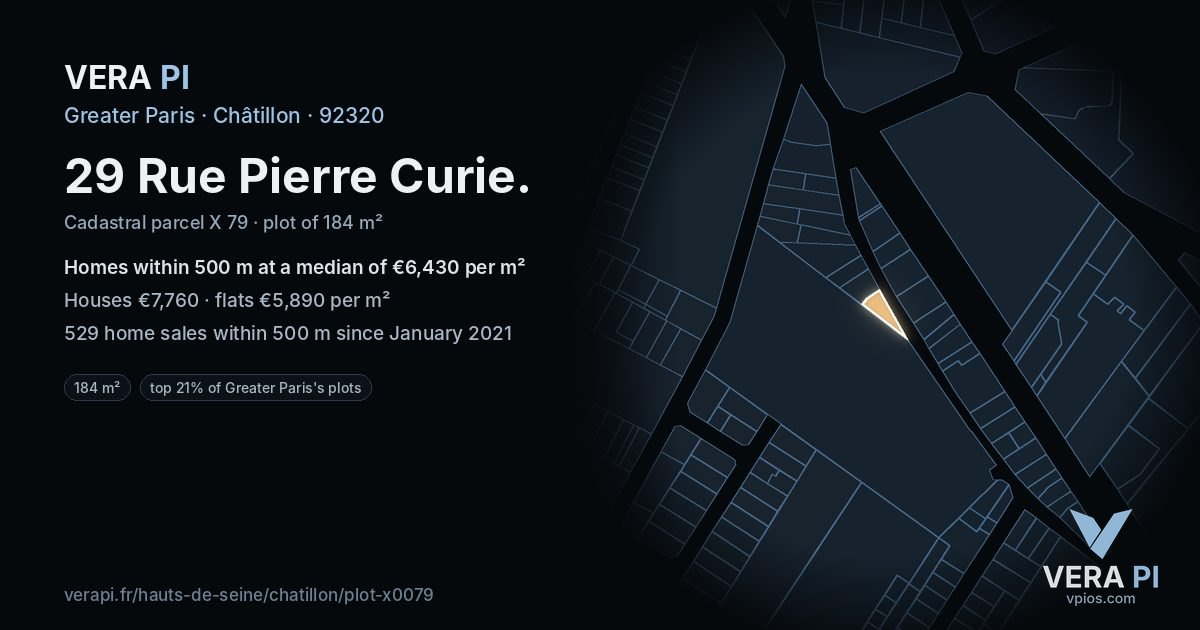 29 Rue Pierre Curie, Châtillon at night – the plot lit, the parcels around coloured by the prices near them