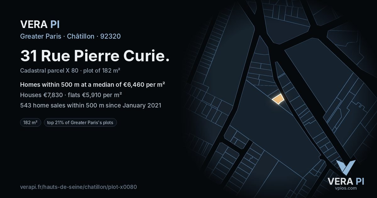31 Rue Pierre Curie, Châtillon at night – the plot lit, the parcels around coloured by the prices near them