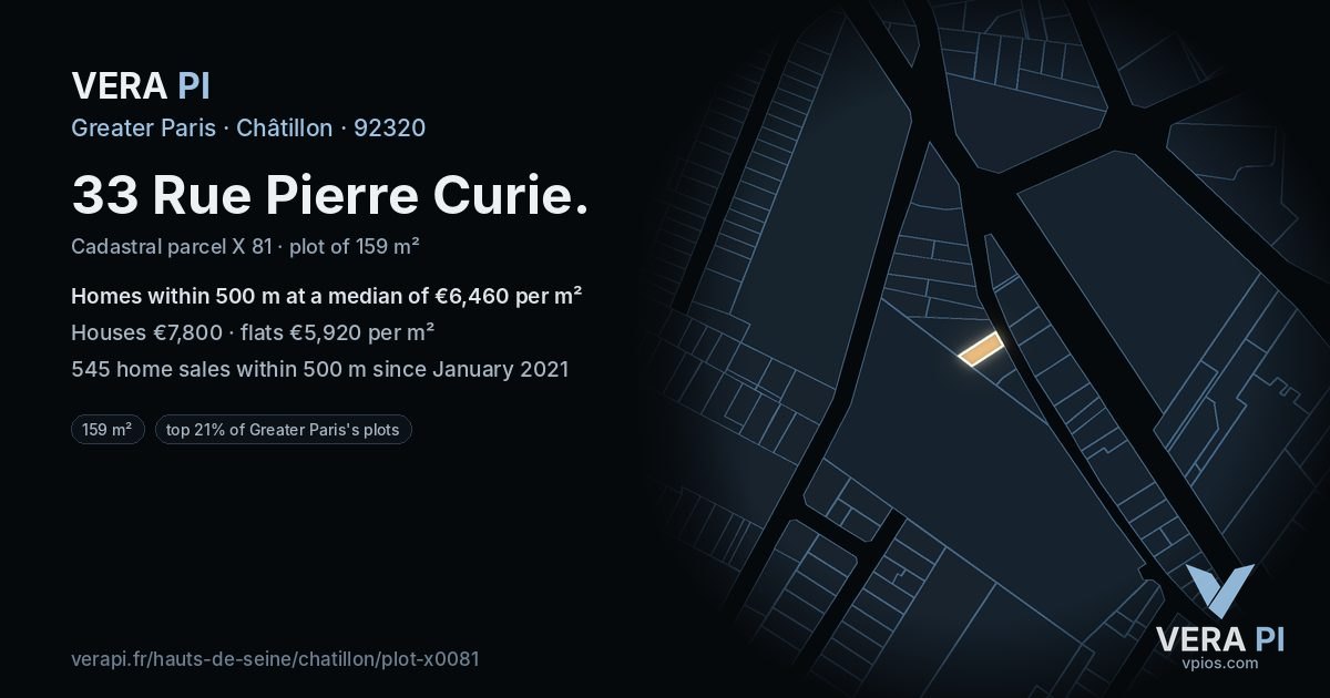 33 Rue Pierre Curie, Châtillon at night – the plot lit, the parcels around coloured by the prices near them