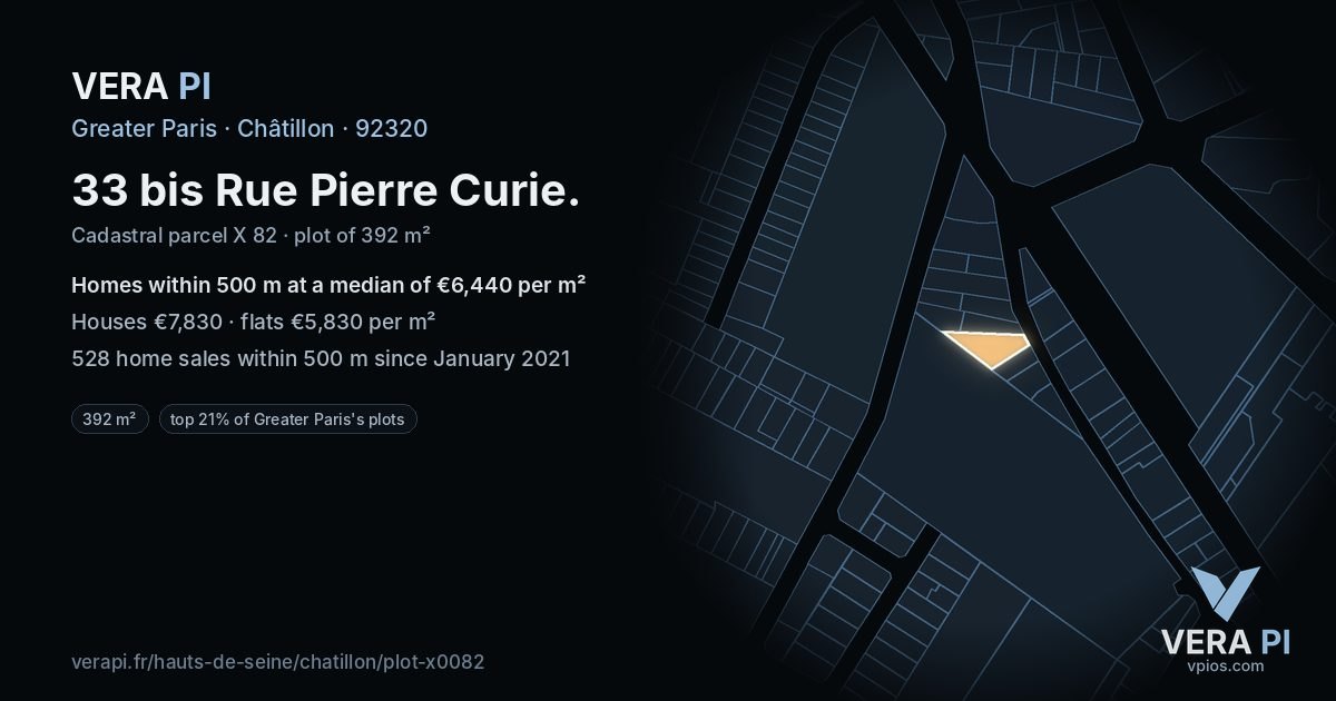 33 bis Rue Pierre Curie, Châtillon at night – the plot lit, the parcels around coloured by the prices near them