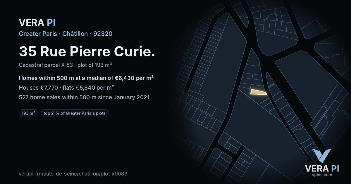 35 Rue Pierre Curie, Châtillon at night – the plot lit, the parcels around coloured by the prices near them