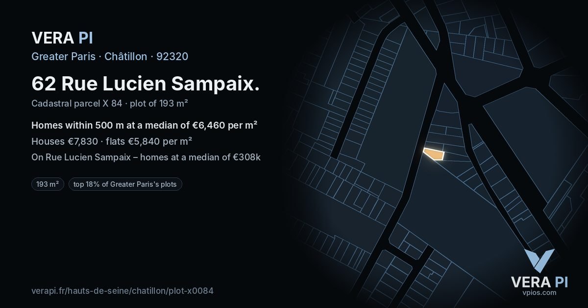 62 Rue Lucien Sampaix, Châtillon at night – the plot lit, the parcels around coloured by the prices near them