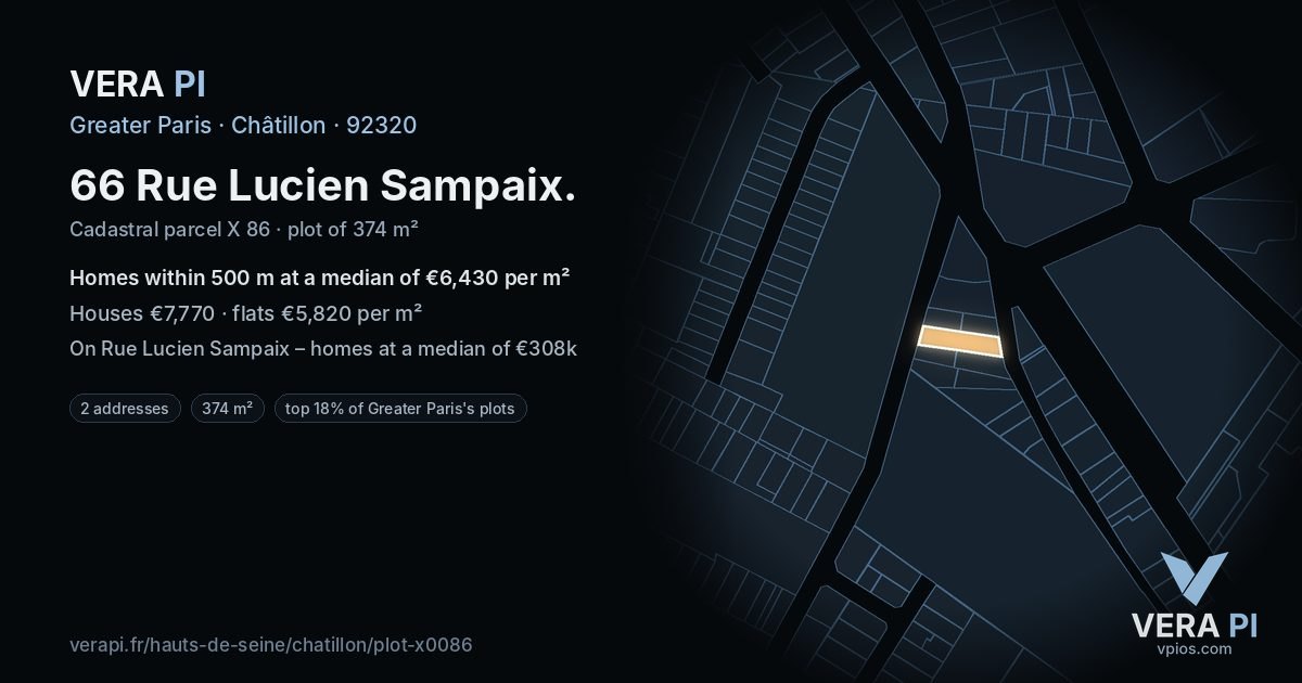 66 Rue Lucien Sampaix, Châtillon at night – the plot lit, the parcels around coloured by the prices near them
