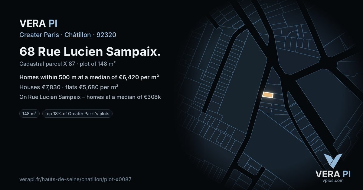 68 Rue Lucien Sampaix, Châtillon at night – the plot lit, the parcels around coloured by the prices near them