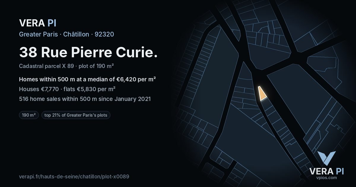 38 Rue Pierre Curie, Châtillon at night – the plot lit, the parcels around coloured by the prices near them