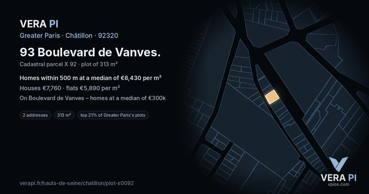 93 Boulevard de Vanves, Châtillon at night – the plot lit, the parcels around coloured by the prices near them