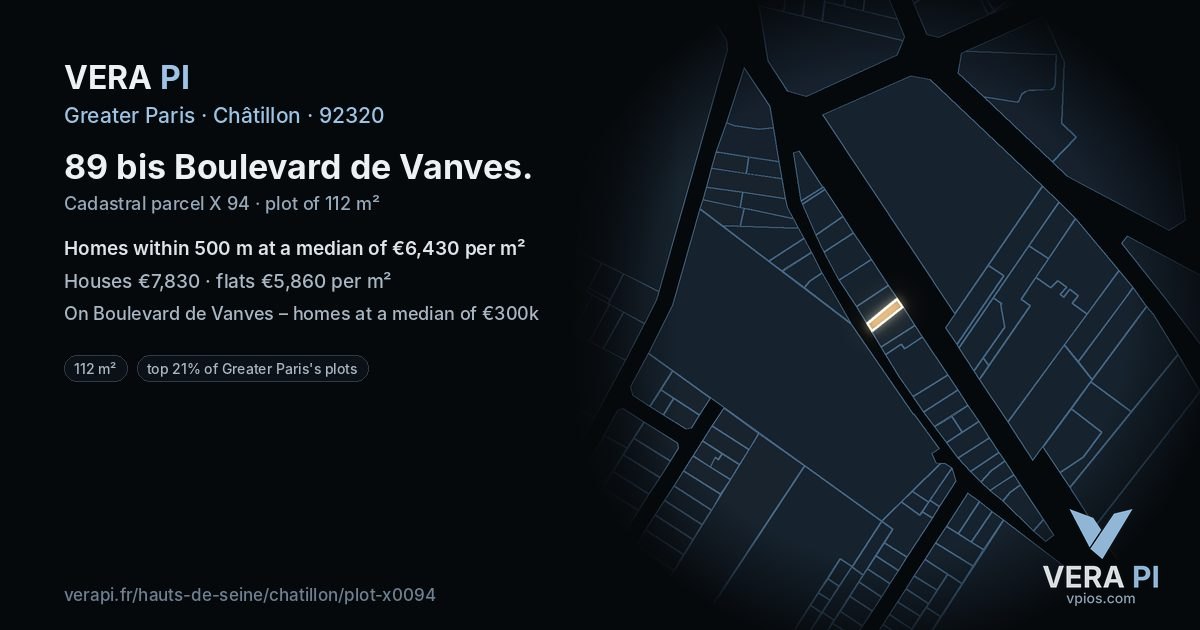 89 bis Boulevard de Vanves, Châtillon at night – the plot lit, the parcels around coloured by the prices near them
