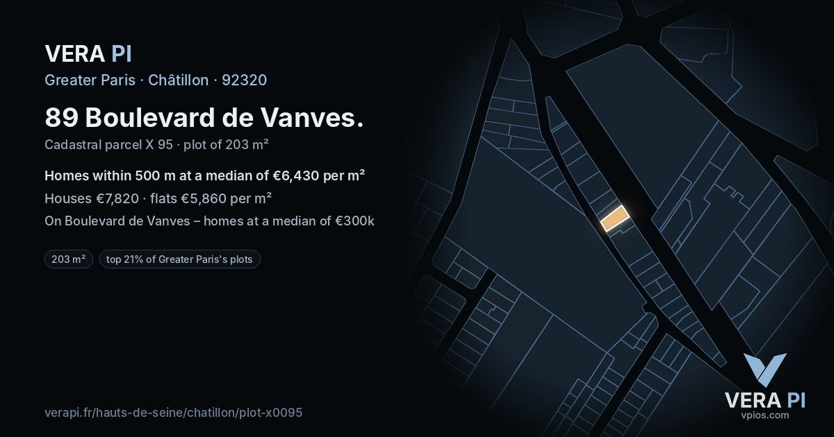 89 Boulevard de Vanves, Châtillon at night – the plot lit, the parcels around coloured by the prices near them
