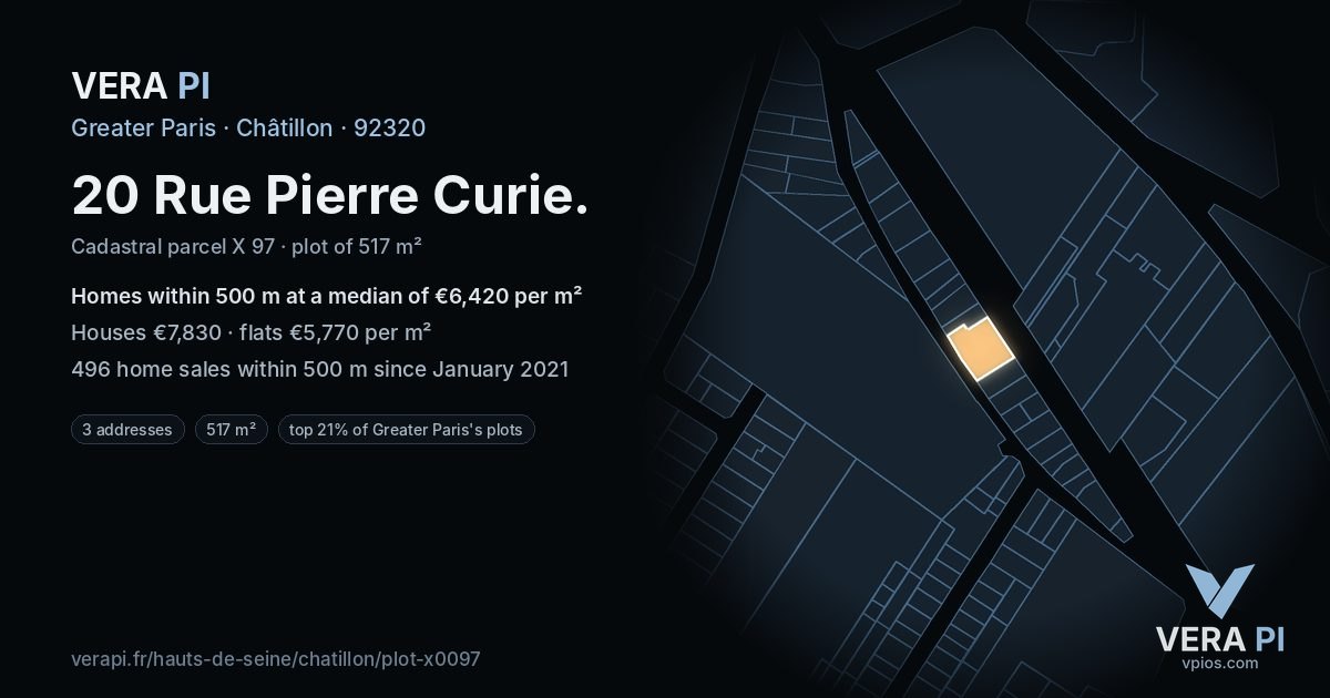 20 Rue Pierre Curie, Châtillon at night – the plot lit, the parcels around coloured by the prices near them