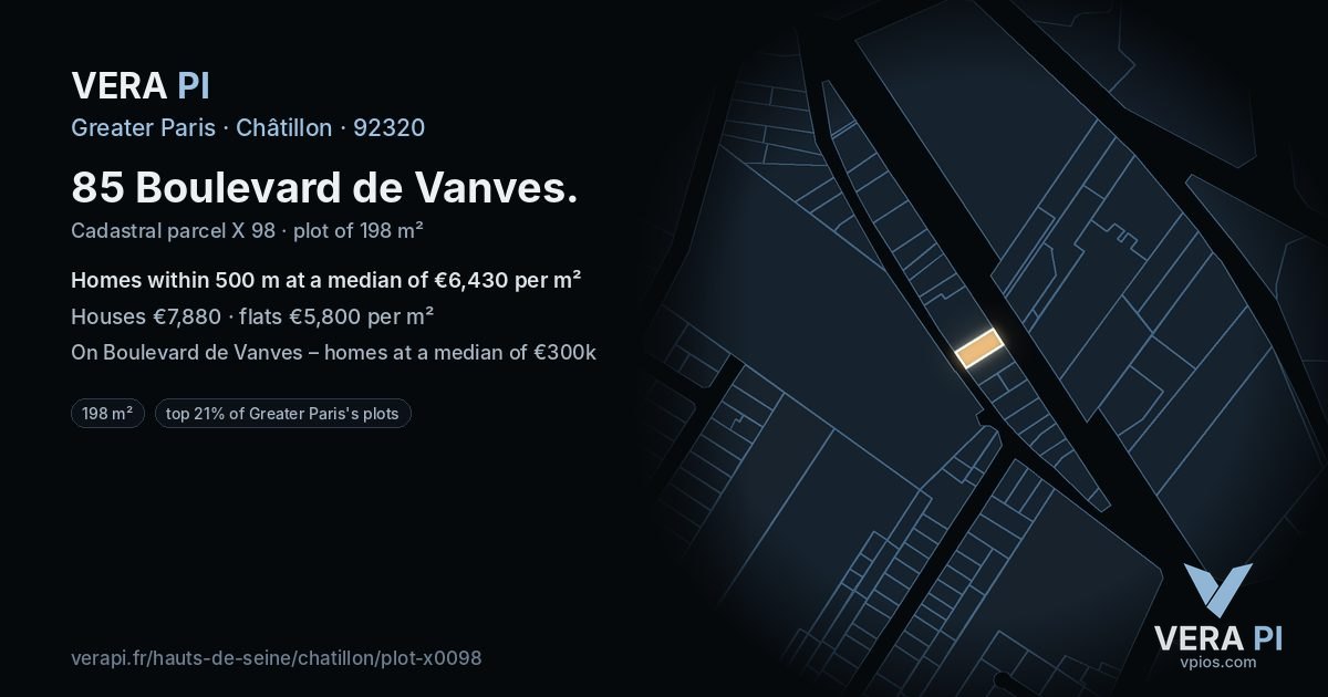 85 Boulevard de Vanves, Châtillon at night – the plot lit, the parcels around coloured by the prices near them