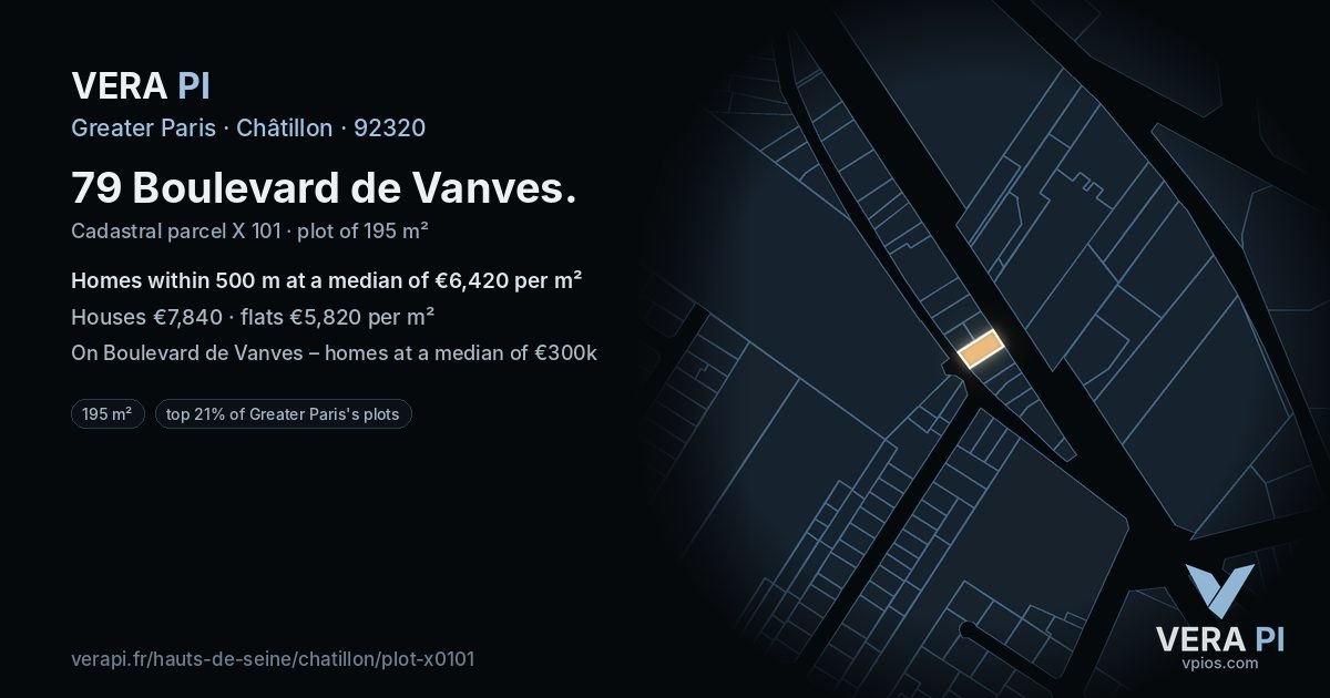 79 Boulevard de Vanves, Châtillon at night – the plot lit, the parcels around coloured by the prices near them