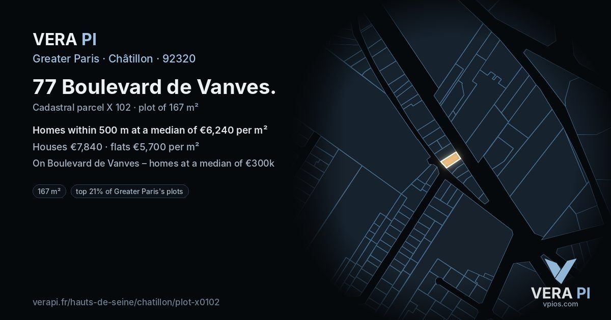 77 Boulevard de Vanves, Châtillon at night – the plot lit, the parcels around coloured by the prices near them