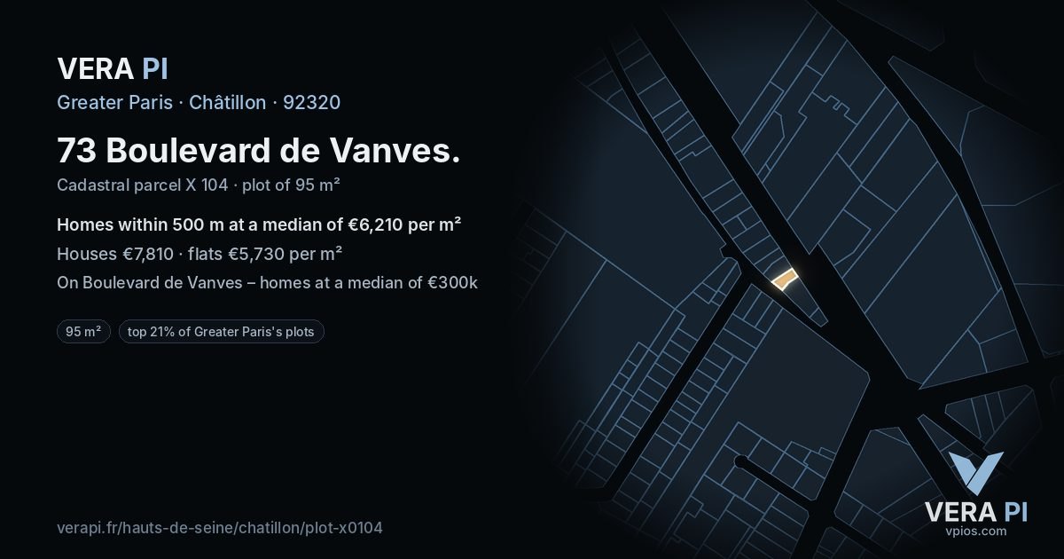 73 Boulevard de Vanves, Châtillon at night – the plot lit, the parcels around coloured by the prices near them