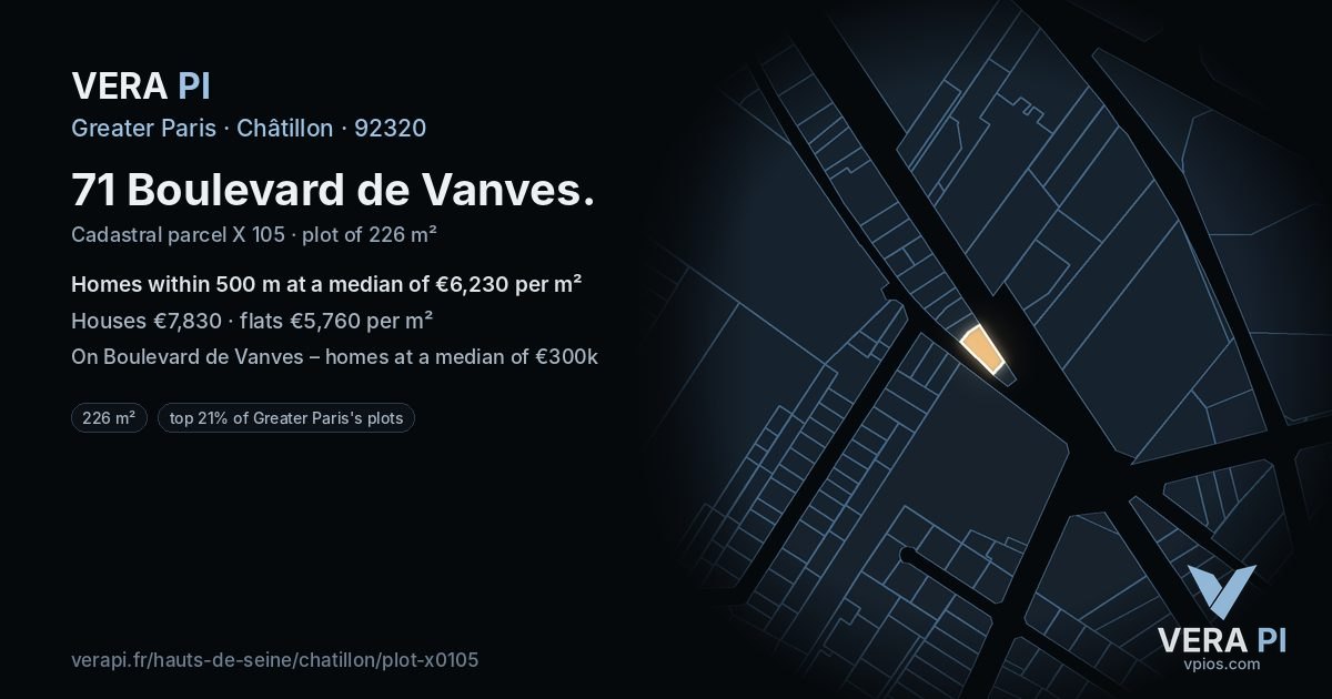 71 Boulevard de Vanves, Châtillon at night – the plot lit, the parcels around coloured by the prices near them