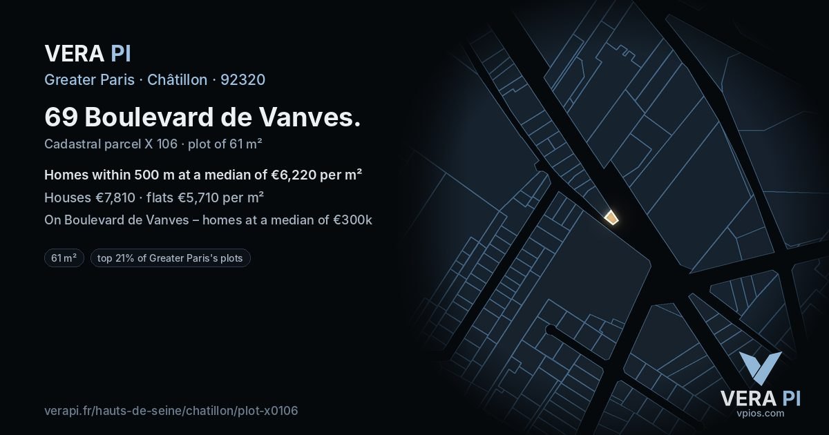 69 Boulevard de Vanves, Châtillon at night – the plot lit, the parcels around coloured by the prices near them