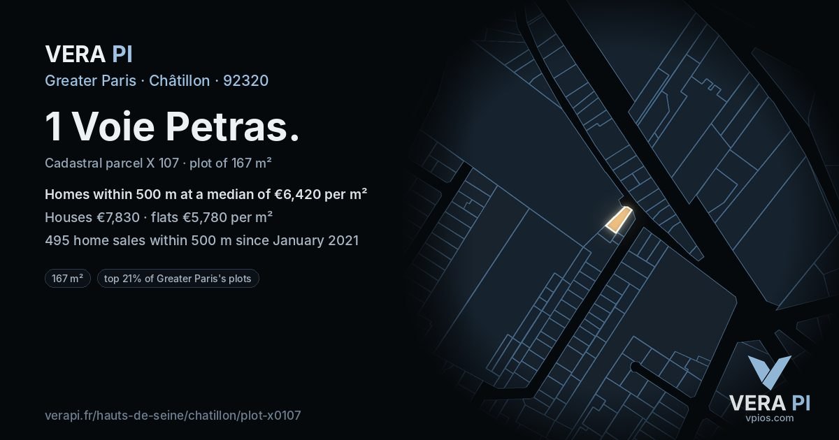 1 Voie Petras, Châtillon at night – the plot lit, the parcels around coloured by the prices near them