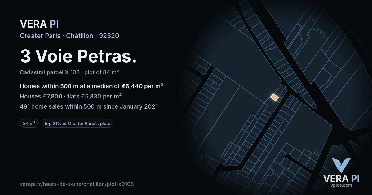 3 Voie Petras, Châtillon at night – the plot lit, the parcels around coloured by the prices near them