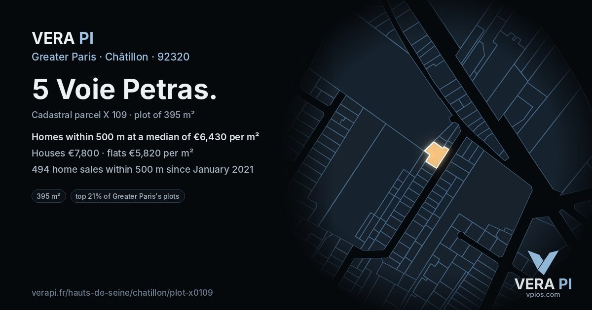 5 Voie Petras, Châtillon at night – the plot lit, the parcels around coloured by the prices near them