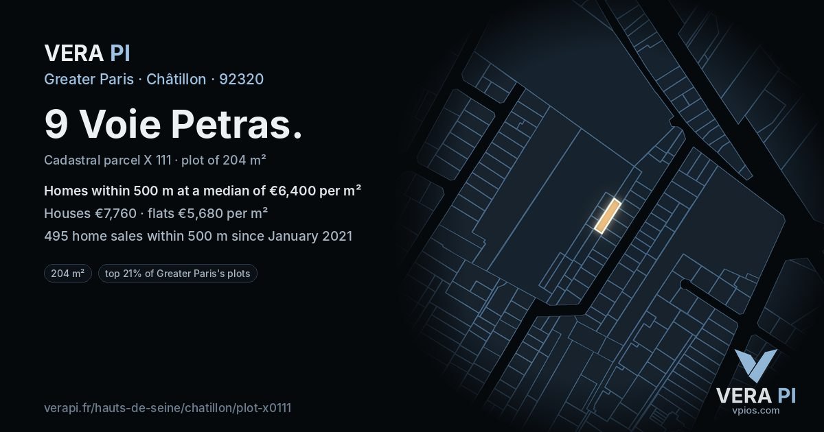 9 Voie Petras, Châtillon at night – the plot lit, the parcels around coloured by the prices near them