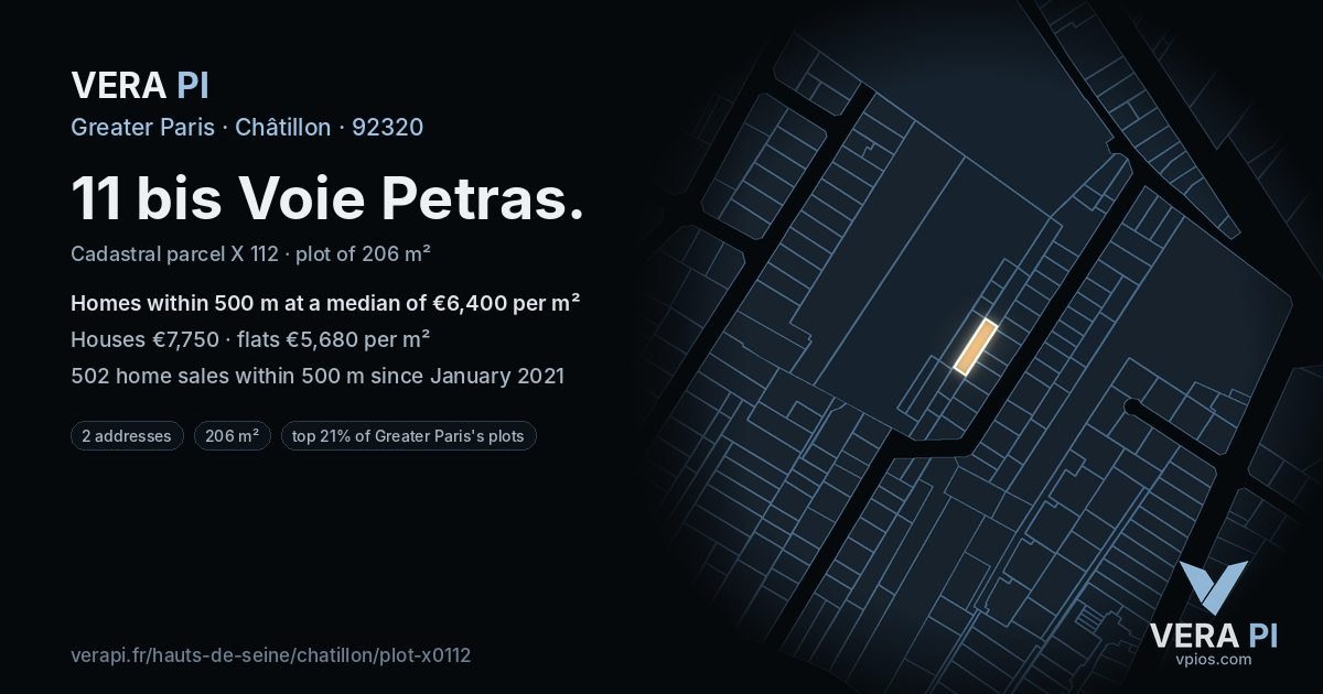 11 bis Voie Petras, Châtillon at night – the plot lit, the parcels around coloured by the prices near them