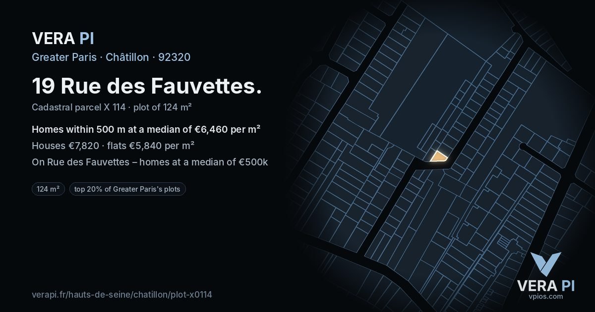 19 Rue des Fauvettes, Châtillon at night – the plot lit, the parcels around coloured by the prices near them