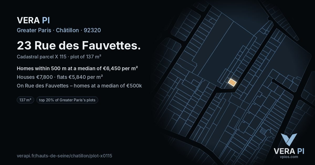 23 Rue des Fauvettes, Châtillon at night – the plot lit, the parcels around coloured by the prices near them