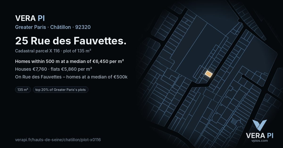 25 Rue des Fauvettes, Châtillon at night – the plot lit, the parcels around coloured by the prices near them