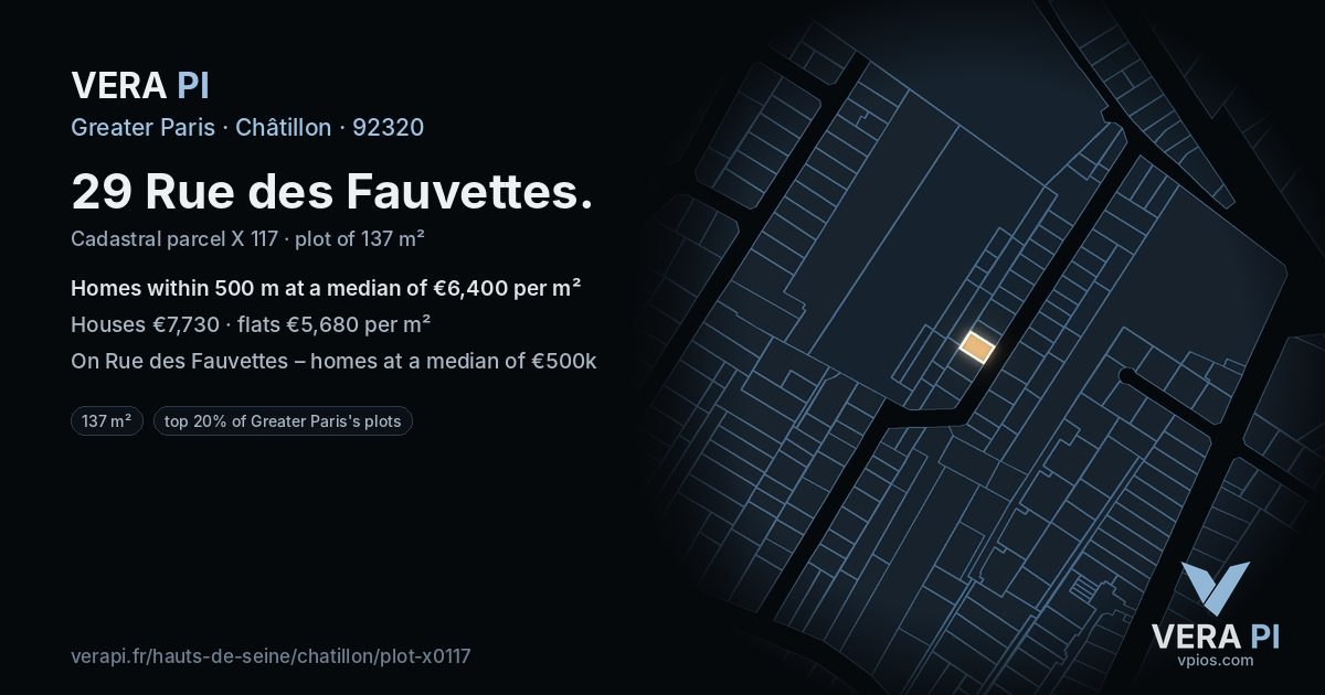 29 Rue des Fauvettes, Châtillon at night – the plot lit, the parcels around coloured by the prices near them