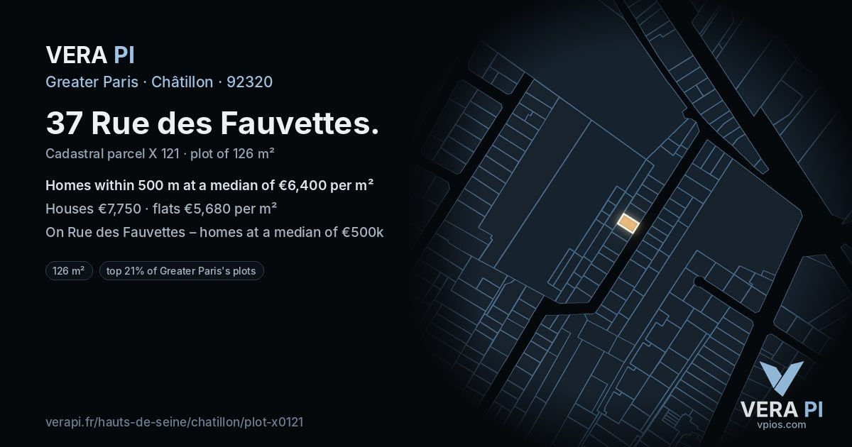 37 Rue des Fauvettes, Châtillon at night – the plot lit, the parcels around coloured by the prices near them