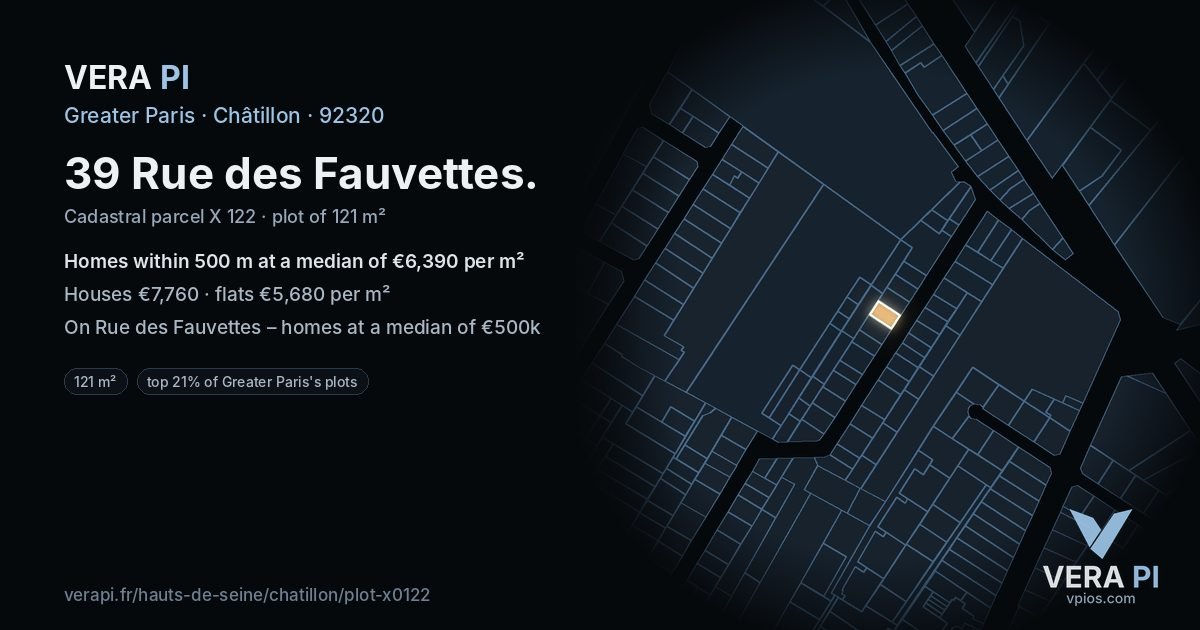 39 Rue des Fauvettes, Châtillon at night – the plot lit, the parcels around coloured by the prices near them