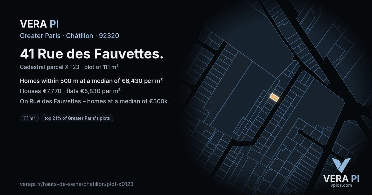 41 Rue des Fauvettes, Châtillon at night – the plot lit, the parcels around coloured by the prices near them