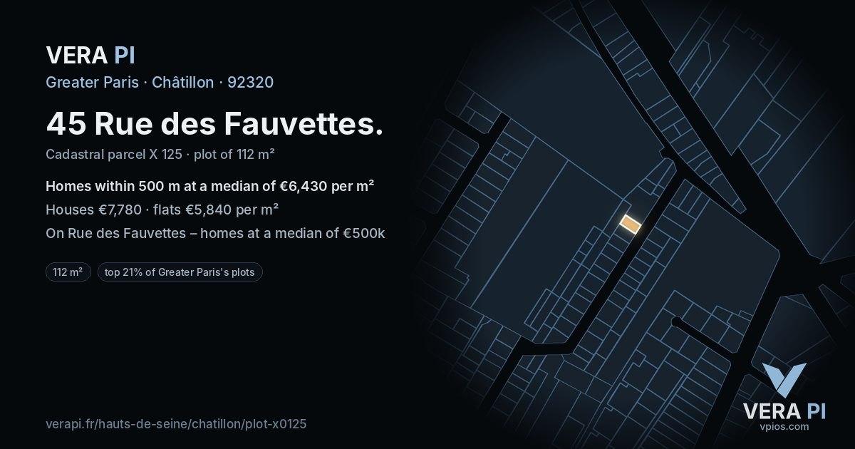 45 Rue des Fauvettes, Châtillon at night – the plot lit, the parcels around coloured by the prices near them