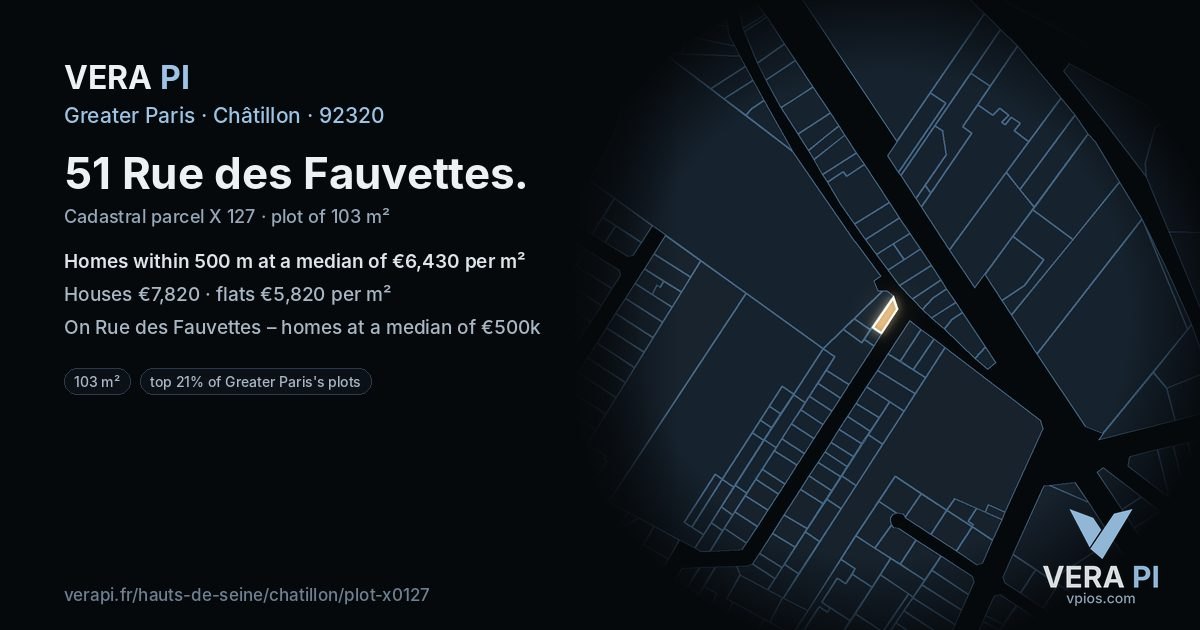 51 Rue des Fauvettes, Châtillon at night – the plot lit, the parcels around coloured by the prices near them
