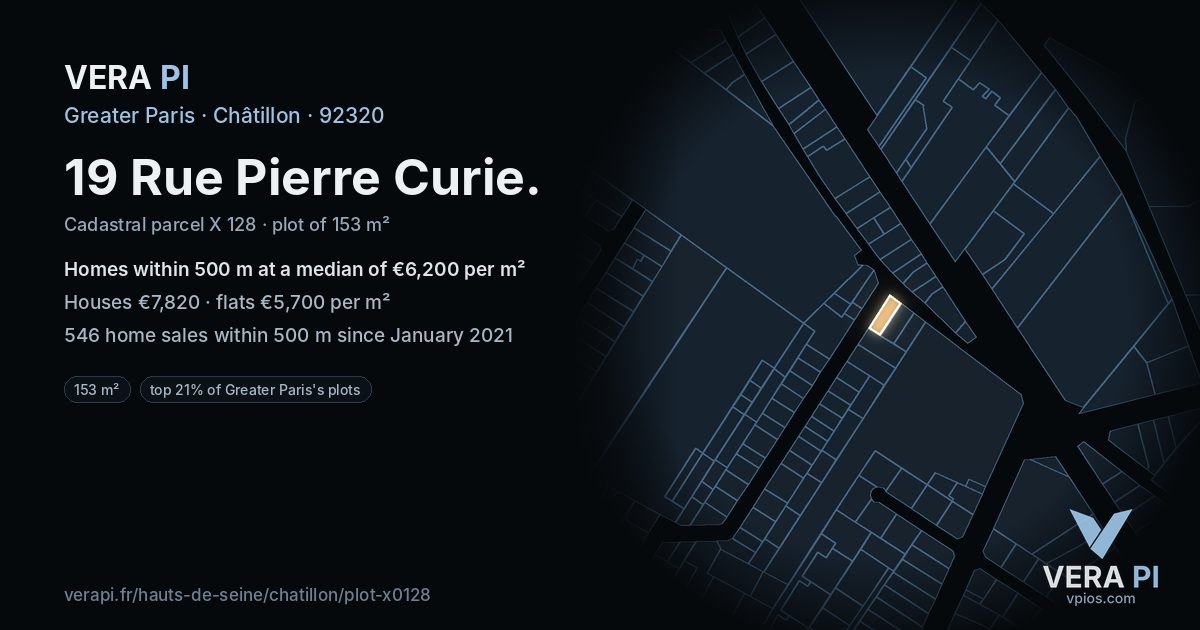19 Rue Pierre Curie, Châtillon at night – the plot lit, the parcels around coloured by the prices near them