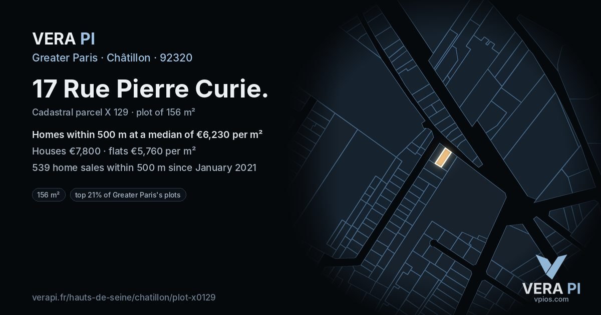 17 Rue Pierre Curie, Châtillon at night – the plot lit, the parcels around coloured by the prices near them