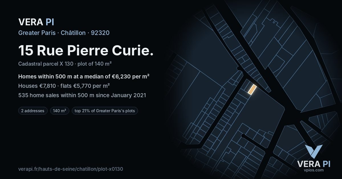 15 Rue Pierre Curie, Châtillon at night – the plot lit, the parcels around coloured by the prices near them