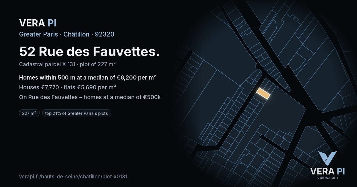 52 Rue des Fauvettes, Châtillon at night – the plot lit, the parcels around coloured by the prices near them