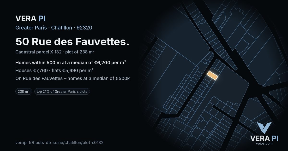 50 Rue des Fauvettes, Châtillon at night – the plot lit, the parcels around coloured by the prices near them