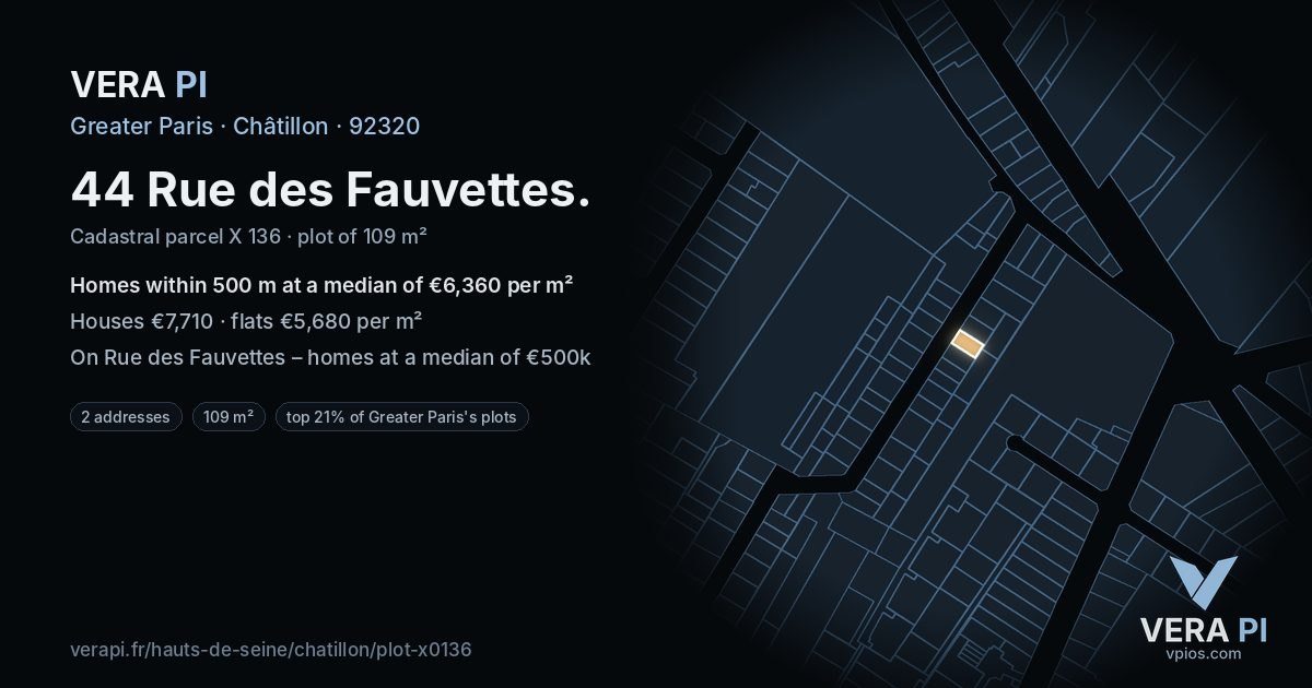 44 Rue des Fauvettes, Châtillon at night – the plot lit, the parcels around coloured by the prices near them