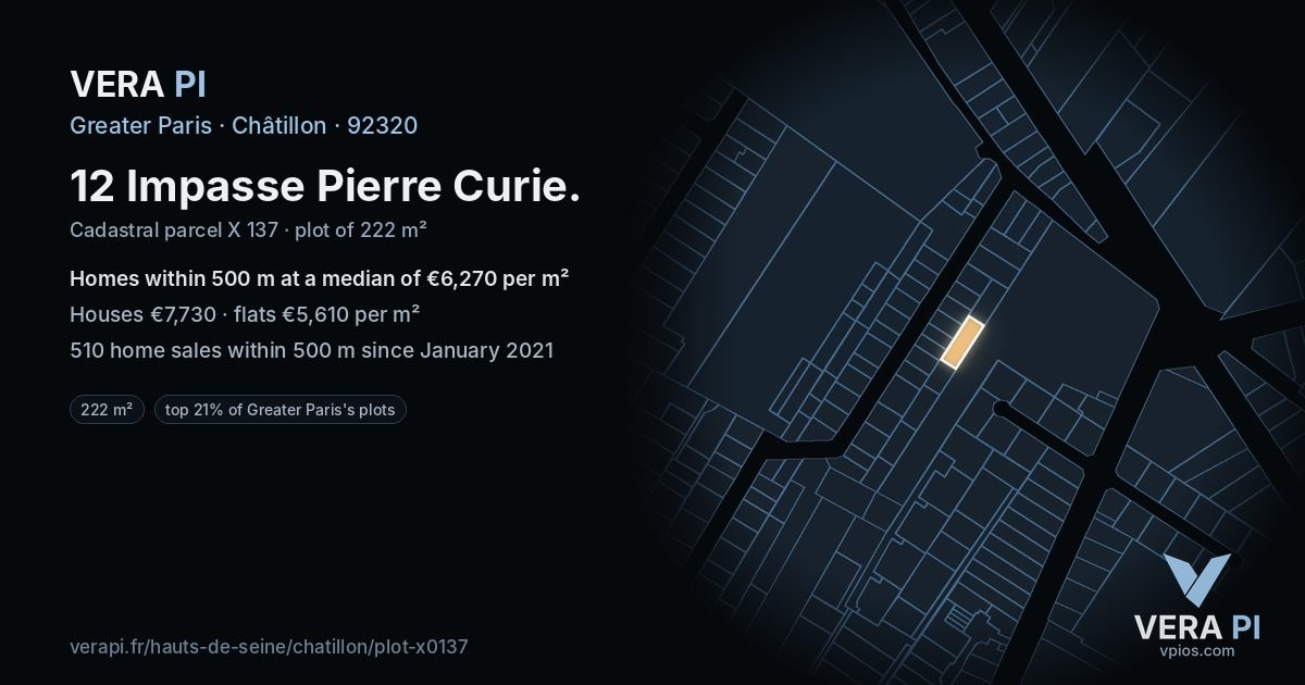 12 Impasse Pierre Curie, Châtillon at night – the plot lit, the parcels around coloured by the prices near them