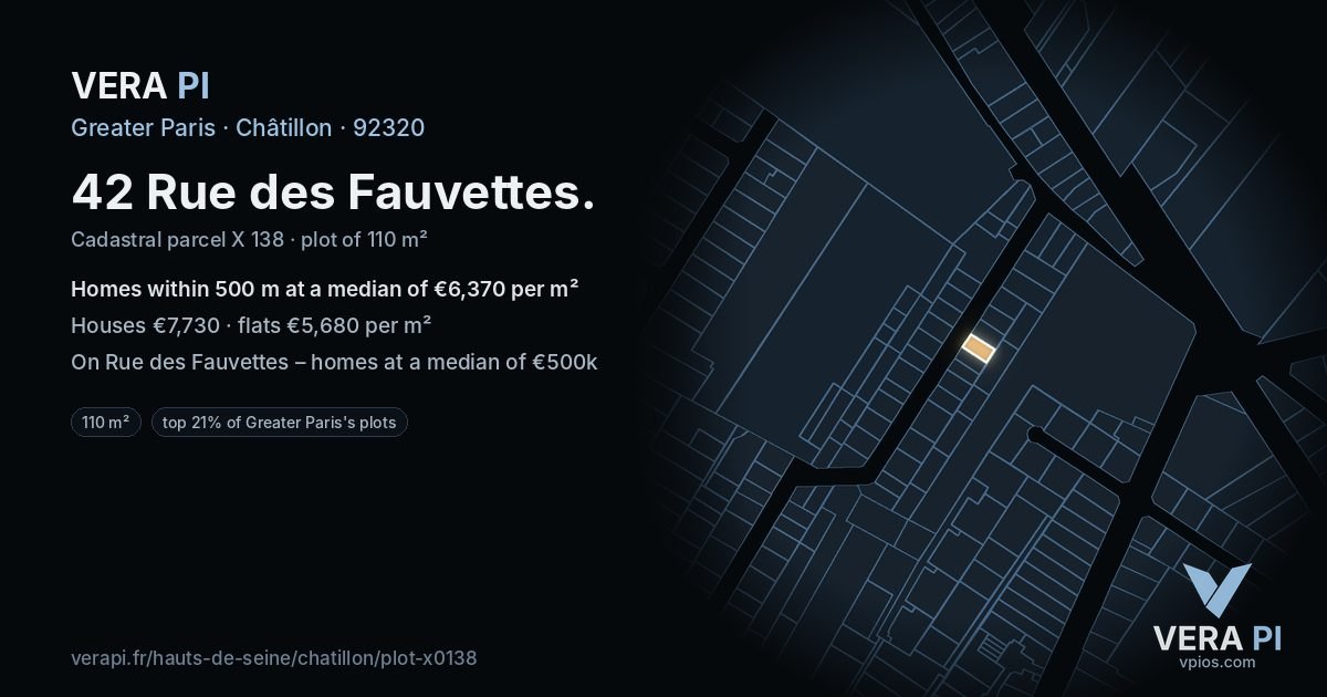 42 Rue des Fauvettes, Châtillon at night – the plot lit, the parcels around coloured by the prices near them