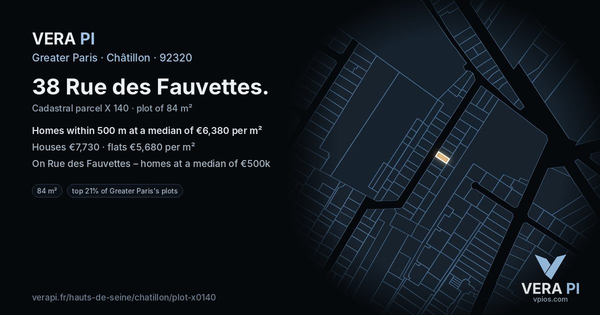 38 Rue des Fauvettes, Châtillon at night – the plot lit, the parcels around coloured by the prices near them