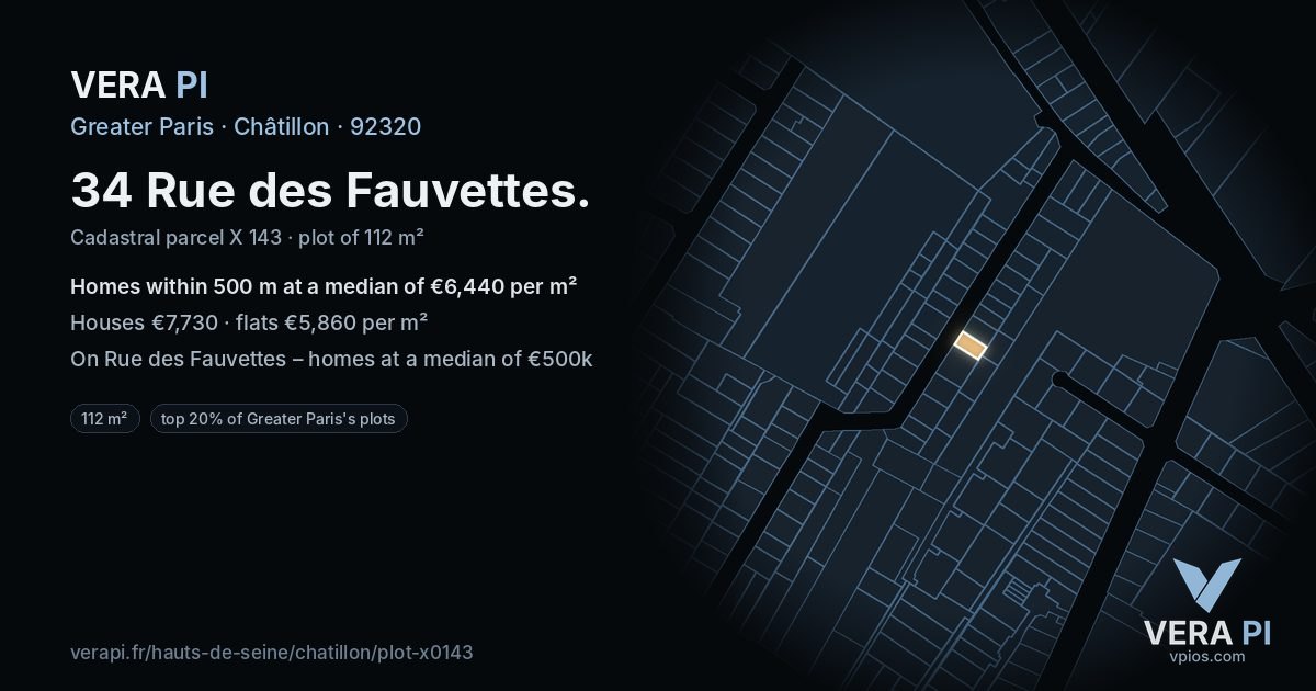 34 Rue des Fauvettes, Châtillon at night – the plot lit, the parcels around coloured by the prices near them
