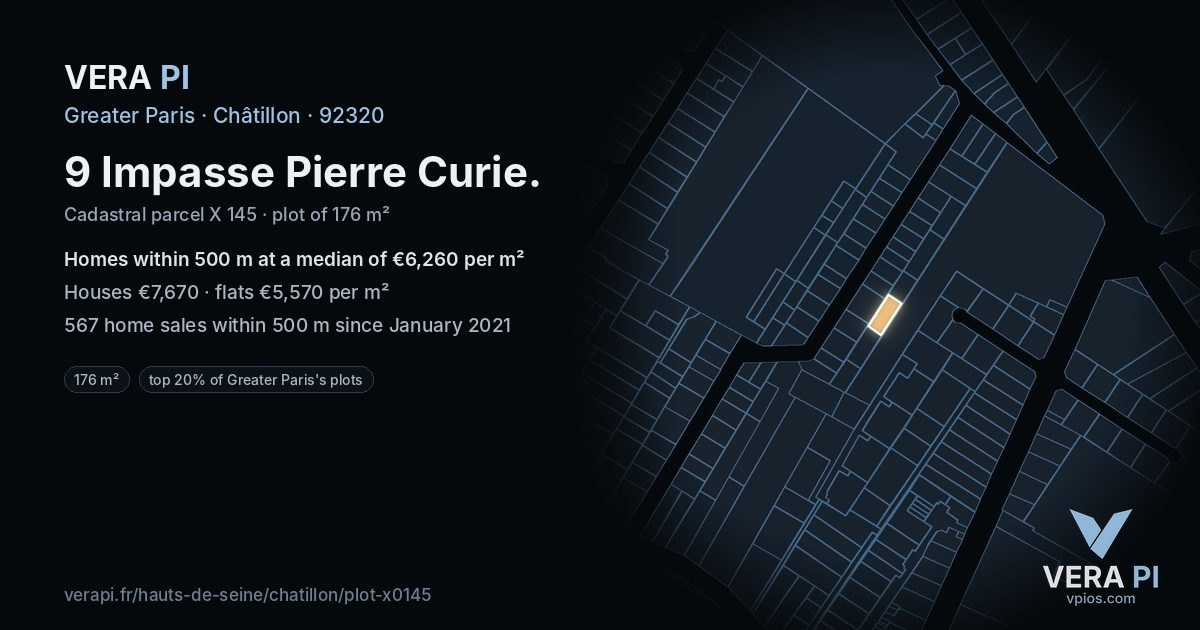 9 Impasse Pierre Curie, Châtillon at night – the plot lit, the parcels around coloured by the prices near them