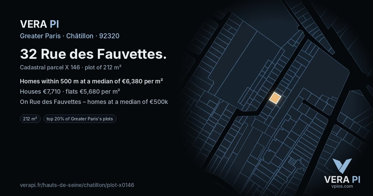 32 Rue des Fauvettes, Châtillon at night – the plot lit, the parcels around coloured by the prices near them