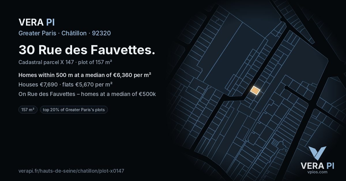 30 Rue des Fauvettes, Châtillon at night – the plot lit, the parcels around coloured by the prices near them